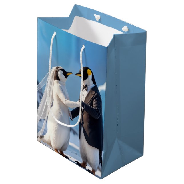 Dancing Bride and Groom Penguins Mittlere Geschenktüte (Vorderseite Schrägansicht)