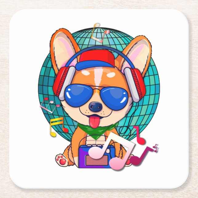 Dancing Corgi Kawaii Niedlich, Music Pup Rechteckiger Pappuntersetzer (Vorderseite)