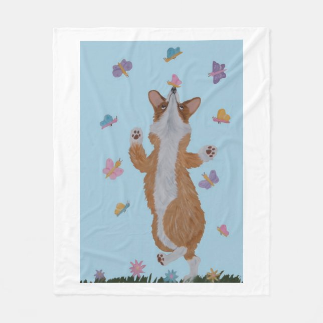 Dancing Corgi with butterflies Fleecedecke (Vorderseite)