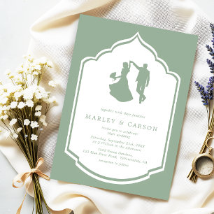 Dancing Couple Illustration Sage Green Wedding Einladung