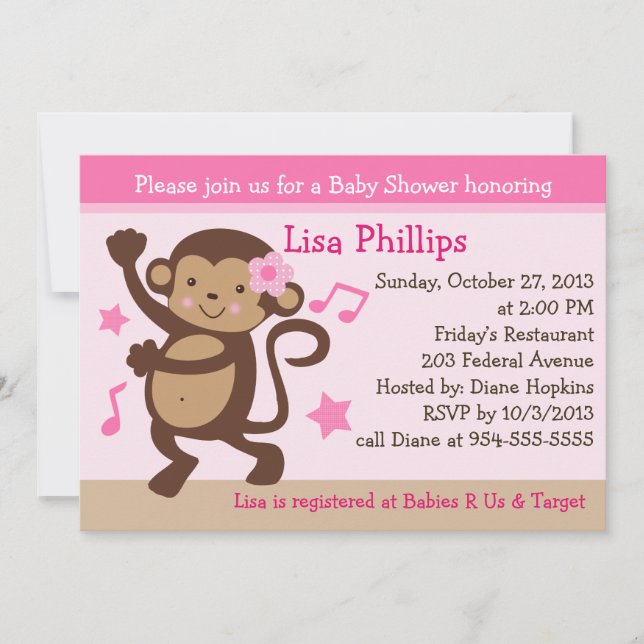 Dancing Girl Monkey Rocker Baby Shower Einladung (Vorderseite)