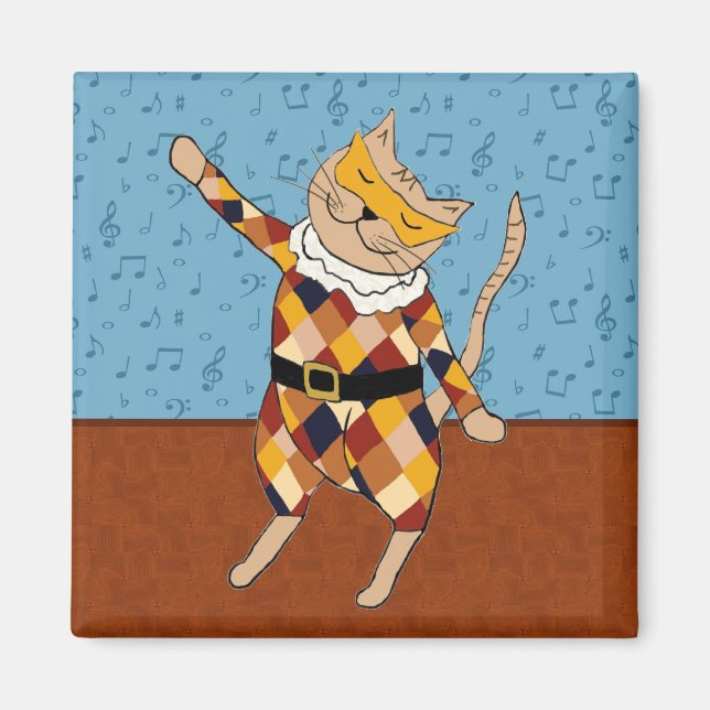 Dancing Harlequin Kitty Square Magnet (Vorne)