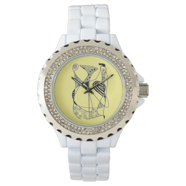"Dancing Hen" abstraktes Huhn mit Gartengarten-Blu Armbanduhr (Vorderseite)