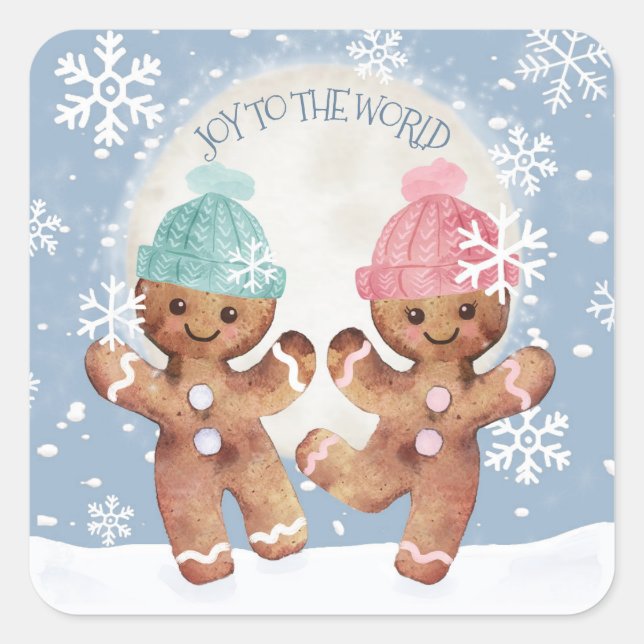 Dancing Joy Gingerbrot Cookie Snowflake Weihnachte Quadratischer Aufkleber (Vorderseite)