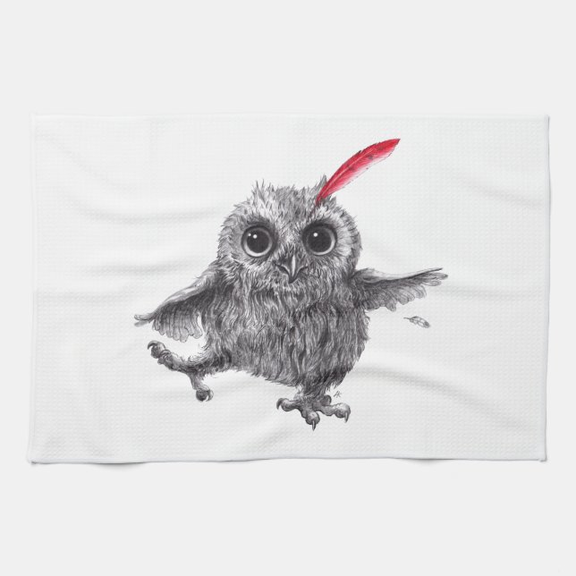 Dancing Owl with Red Feather Geschirrtuch (Horizontal)