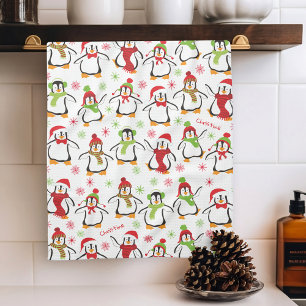 Dancing Penguins Red and Green Pattern Christmas Geschirrtuch