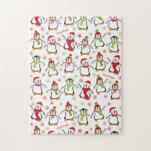 Dancing Penguins Red and Green Pattern Christmas Puzzle
