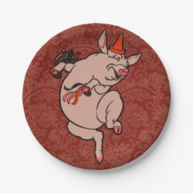 Dancing Pig Antique Niedlich Dancer Pappteller (Vorderseite)
