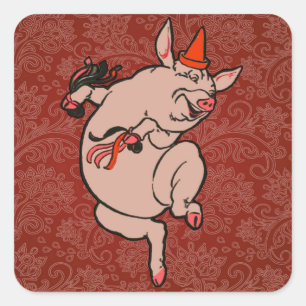 Dancing Pig Antique Niedlich Dancer Quadratischer Aufkleber