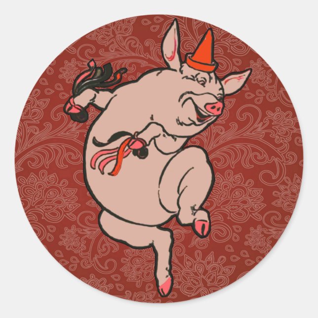 Dancing Pig Antique Niedlich Dancer Runder Aufkleber (Vorderseite)