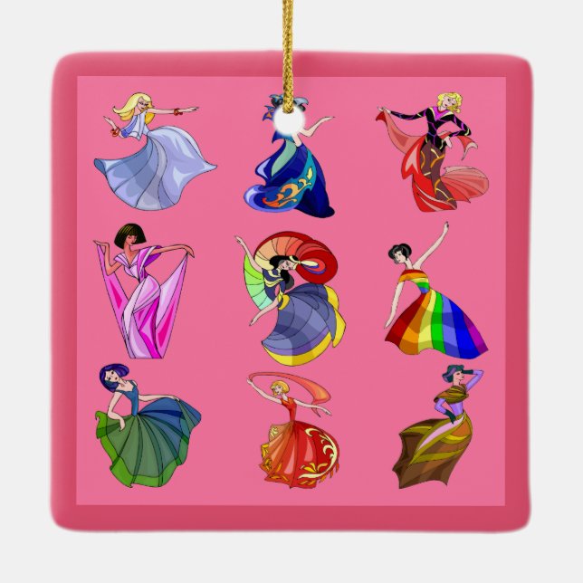 Dancing Rainbow Princesses populär rosa Keramikornament (Rückseite)