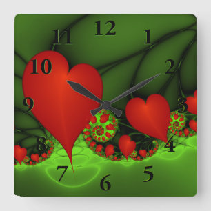 Dancing Red Hearts Modernes Abstraktes Fraktal Kun Quadratische Wanduhr