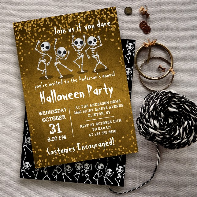 Dancing Skeleton Gold Glitzer Halloween-Party Einladung (Von Creator hochgeladen)
