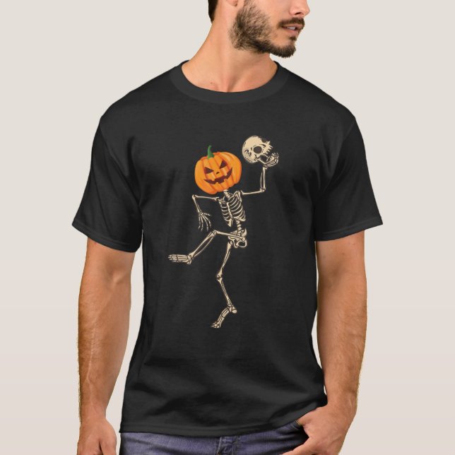 Dancing Skeleton Pumpkin Head Funny Halloween Kost T-Shirt (Vorderseite)