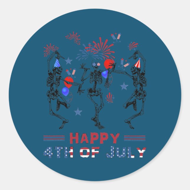 Dancing Skeletons Fireworks Happy 4th of July Runder Aufkleber (Vorderseite)