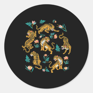 Dancing Tigers Cartoon Grafische Asiatische Kunst  Runder Aufkleber