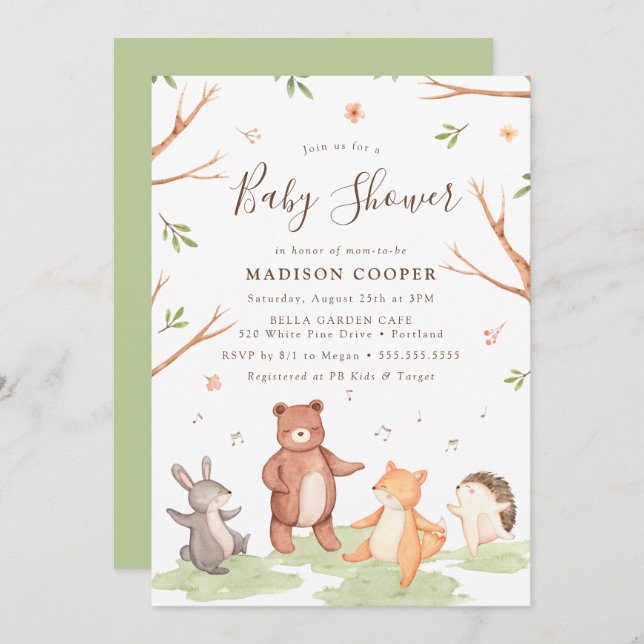 Dancing Woodland Animals Kinderdusche Einladung (Vorne/Hinten)