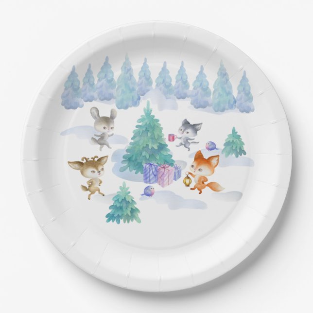 Dancing Woodland Animals Wasserfarbe Pappteller (Vorderseite)