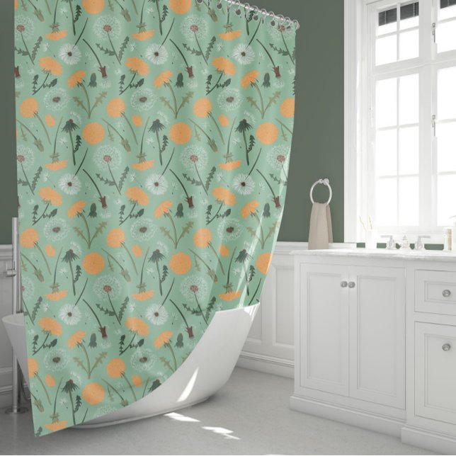 Dandelion Blume Orangefarbenes Muster Duschvorhang (Dandelion Flowers Orange Floral Pattern Shower Curtain from Studio Posies.)