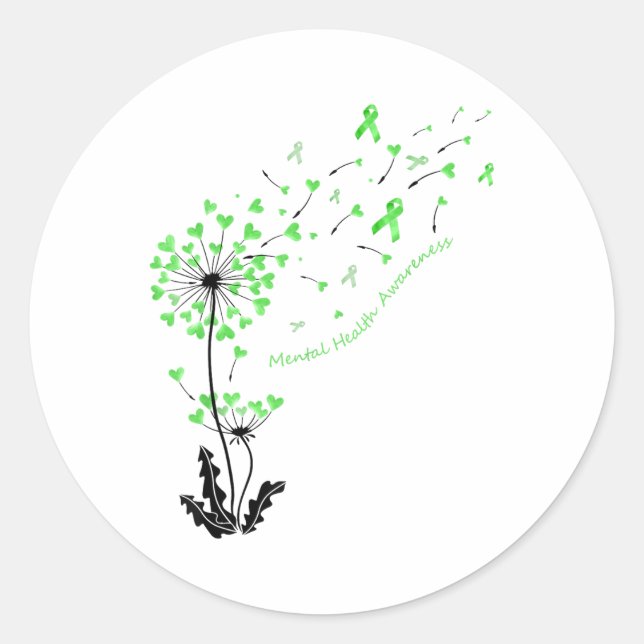 Dandelion Heart Green Ribbon Mental Health Awarene Runder Aufkleber (Vorderseite)