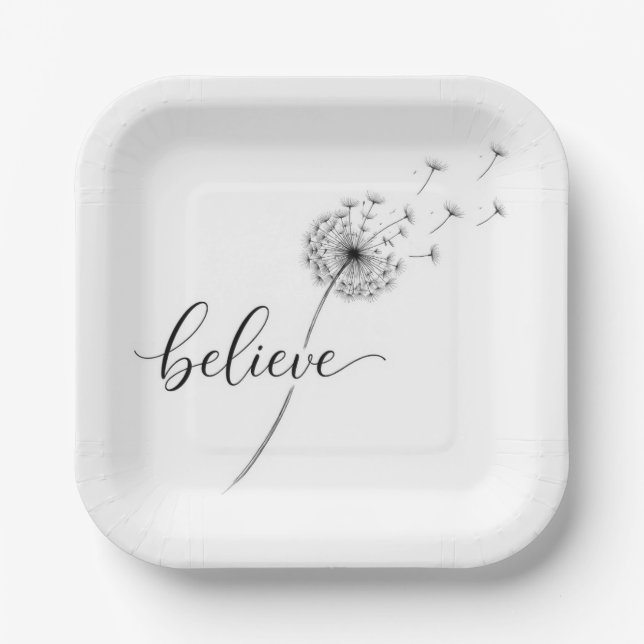 Dandelion Seedlings with Believe Text Pappteller (Vorderseite)