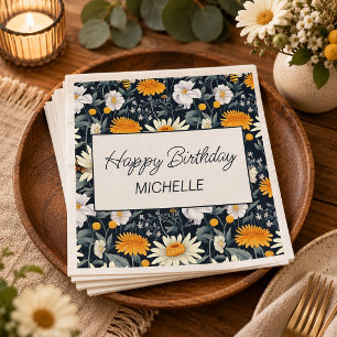 Dandelions Daisies Navy Blue Happy Birthday Name Serviette