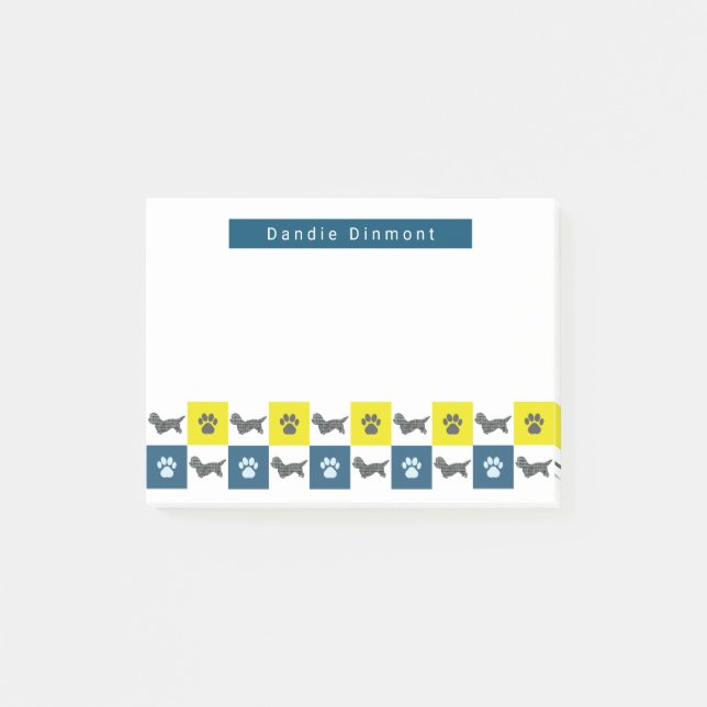 Dandie Dinmont Terrier Dog & Paw Yellow& Blue Grid Post-it Klebezettel (Vorderseite)