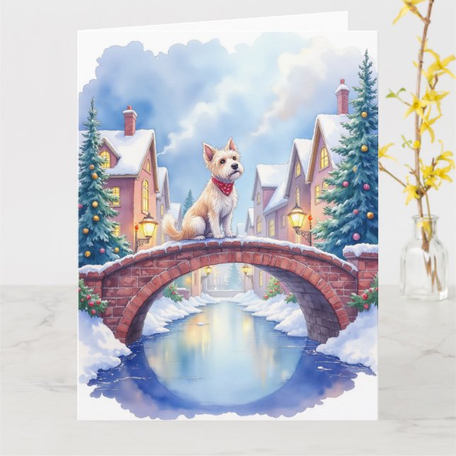 Dandie Dinmont Terrier Village Bridge Christmas Karte (Gelbe Blume)