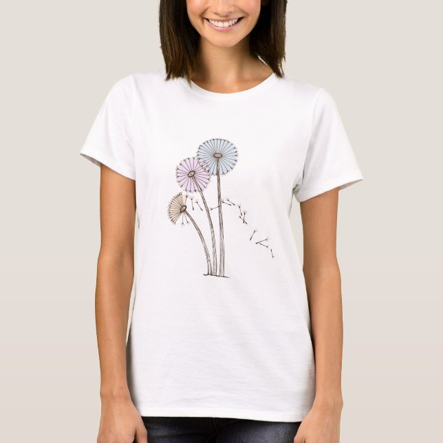 Dandilion stoppt rosa Blaues und Sahne ab T-Shirt (Vorderseite)