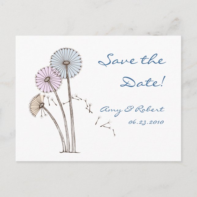 Dandilion Uhren Pink Blue, Creme Save the Date Ankündigungspostkarte (Vorderseite)
