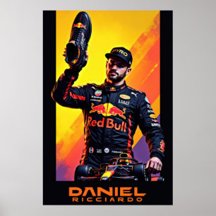 Daniel Ricciardo-Porträt mit Formel-1-Auto Poster