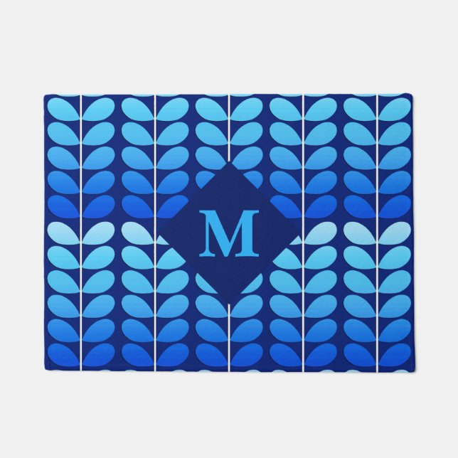 Dänische Blätter mit Monogram, Navy und Cobalt Blu Fußmatte (Vorderseite)