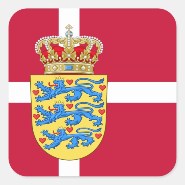 Dänische Flagge und Wappen, Flagge Dänemarks Quadratischer Aufkleber (Vorderseite)