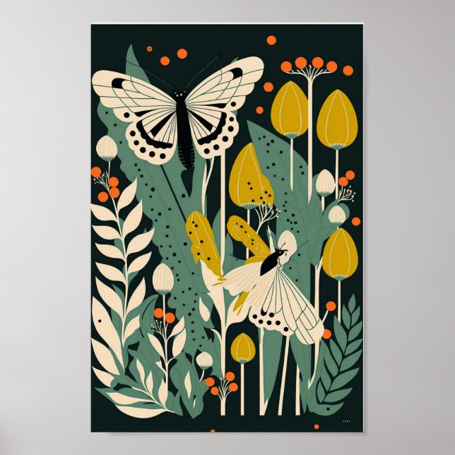 Dänische skandinavische Butterfly Blume Kunst Poster (Vorne)