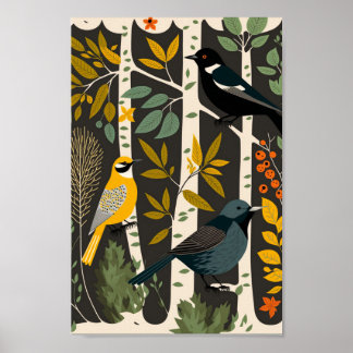 Dänische skandinavische Vogelbäume Minimalistisch Poster