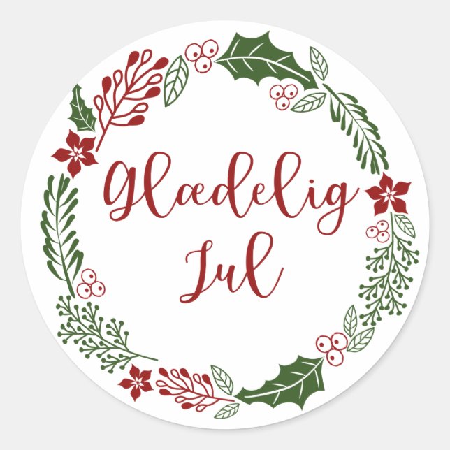 Danish Merry Christmas Wreath, Glæig jul. Runder Aufkleber (Vorderseite)