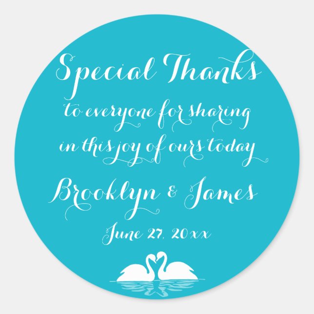 Dank Blue White Wedding Sticker mit Schwänen (Vorderseite)