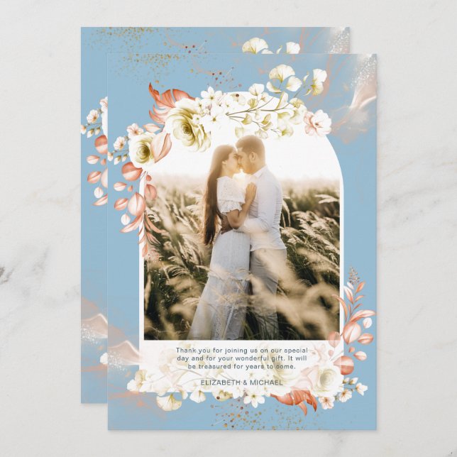 DANK dem modernen FOTO Dusty Blue Coral Floral Dankeskarte (Vorne/Hinten)