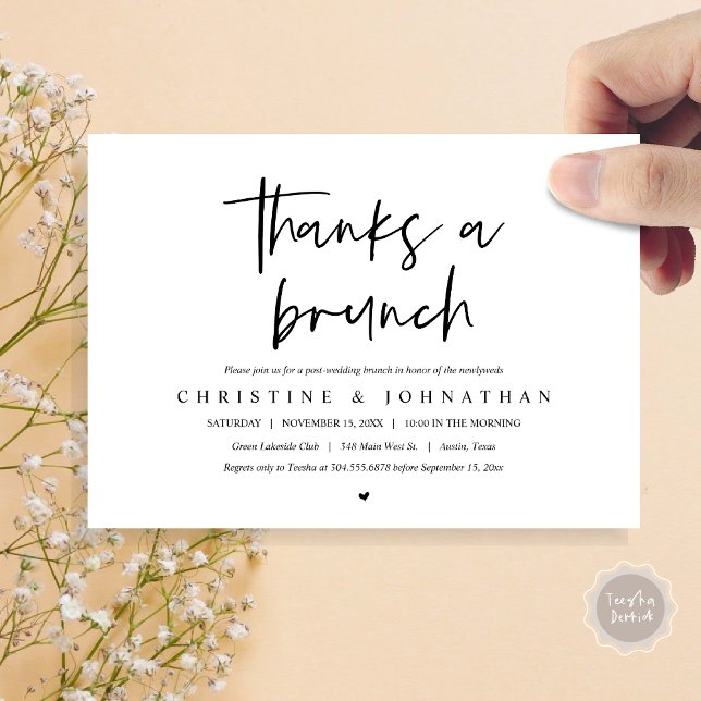 Dank einem Brunch, Post Hochzeit feiern einladend Einladung (Thanks a brunch, post wedding elopement invitation card, PDF, modern script, black and white)