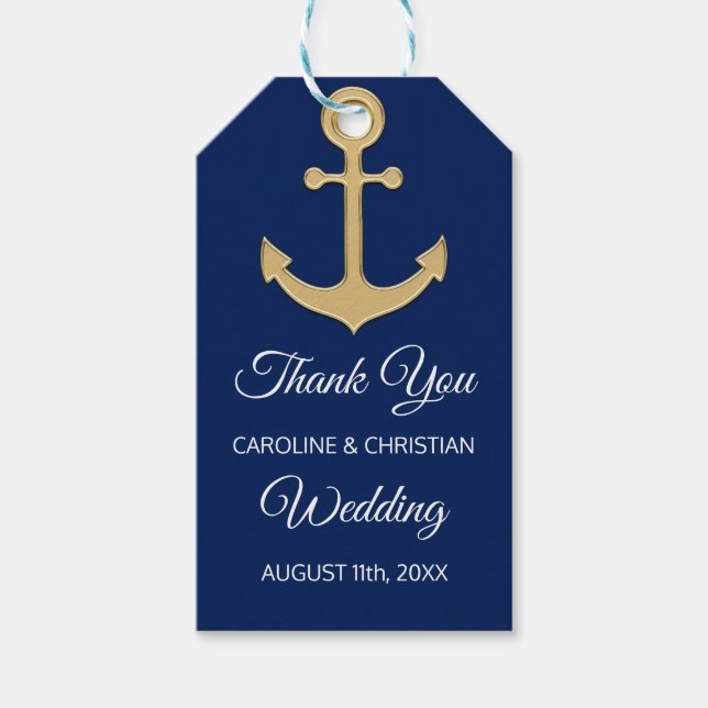 DANK IHNEN Nautical Navy Blue Anchor Wedding Geschenkanhänger (Vorderseite)