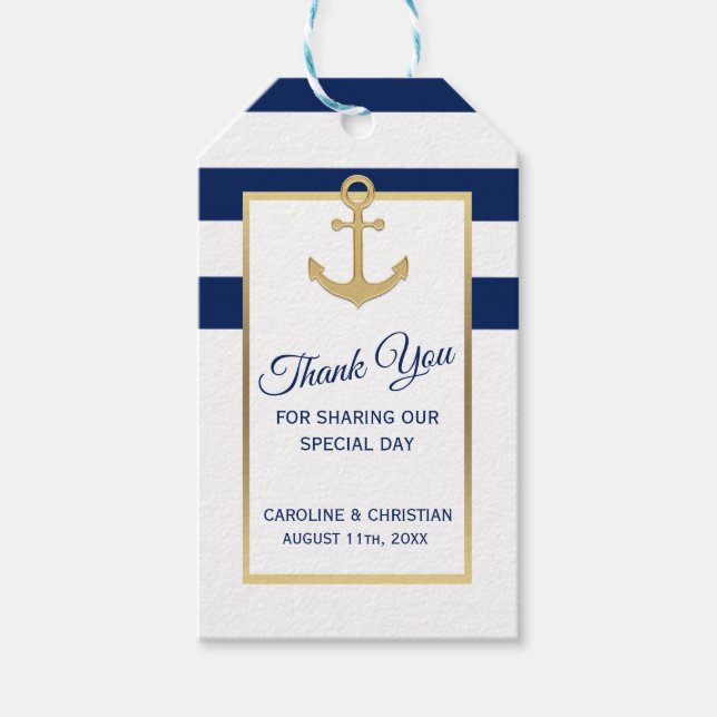 DANK IHNEN Nautical Navy Blue Anchor Wedding Geschenkanhänger (Vorderseite)