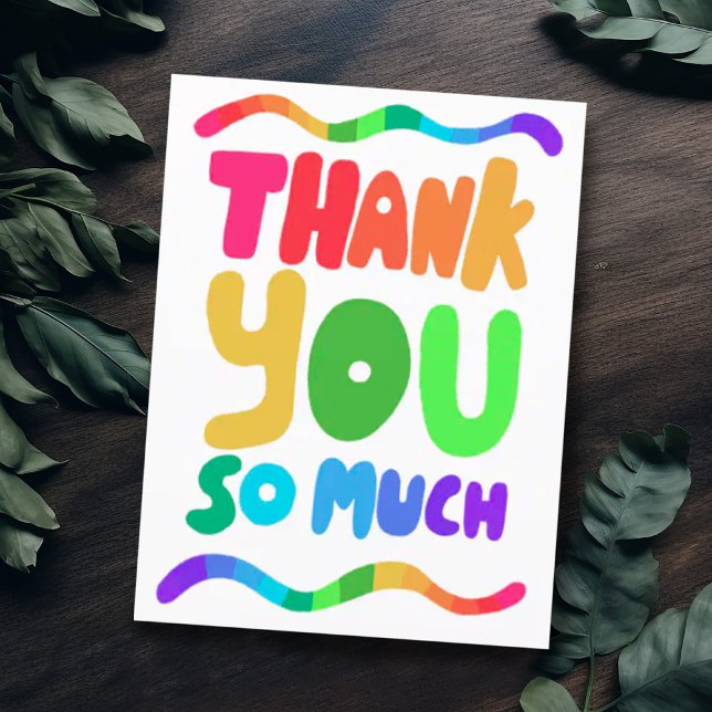 DANK IHNEN Rainbow Colorful Curvy Bubble Letters Postkarte (Colorful rainbow thank you card with handlettering bubble letters)