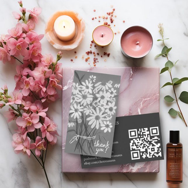 DANK Niedlich Daisy Bouquet QR Code B&W Visitenkarte (Custom thank you order card with watercolor daisy bouquet and QR code)