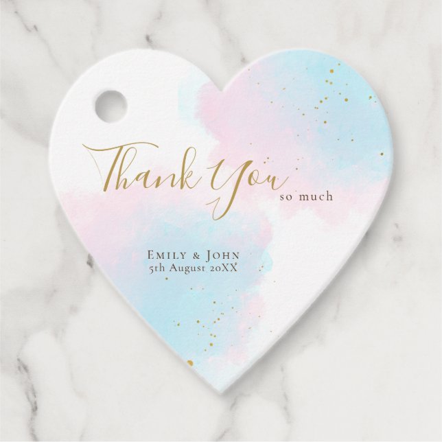 Dank Pastel Wasserfarben/Namen/Date Wedding Heart Geschenkanhänger (Vorderseite)