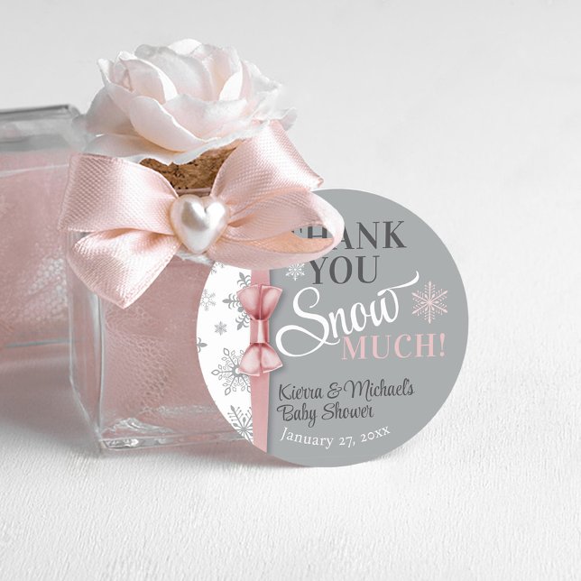 Dank SNOW Much Baby Girl Pink Snowflake Dusche Runder Aufkleber (Thank you snow much baby girl pink & gray cute snowflake brunch shower round favor gift sticker tag)