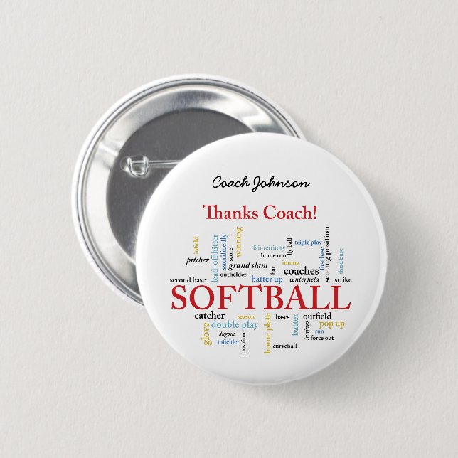 Dank Softball Coach Worte aus Gruppe, Team, Rot Button (Vorne & Hinten)