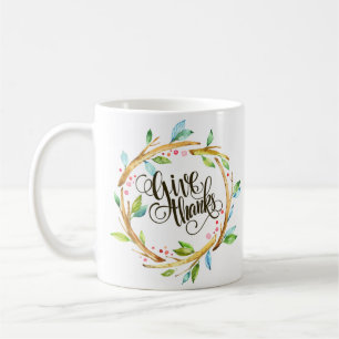 Dank Typografie mit Holzleafs Kranz Tasse