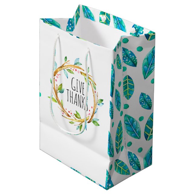 Dank Typografie rustikaler Kranz Mittlere Geschenktüte (Vorderseite Schrägansicht)