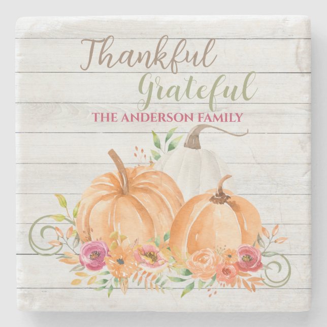 Dankbar | Autumn Fall Pumpkin Watercolor Steinuntersetzer (Vorderseite)