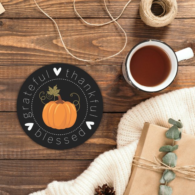 Dankbar, dankbar, gesegnet Folk Art Pumpkin Runder Pappuntersetzer (Grateful, Thankful, Blessed Folk Art Pumpkin Round Paper Coaster)